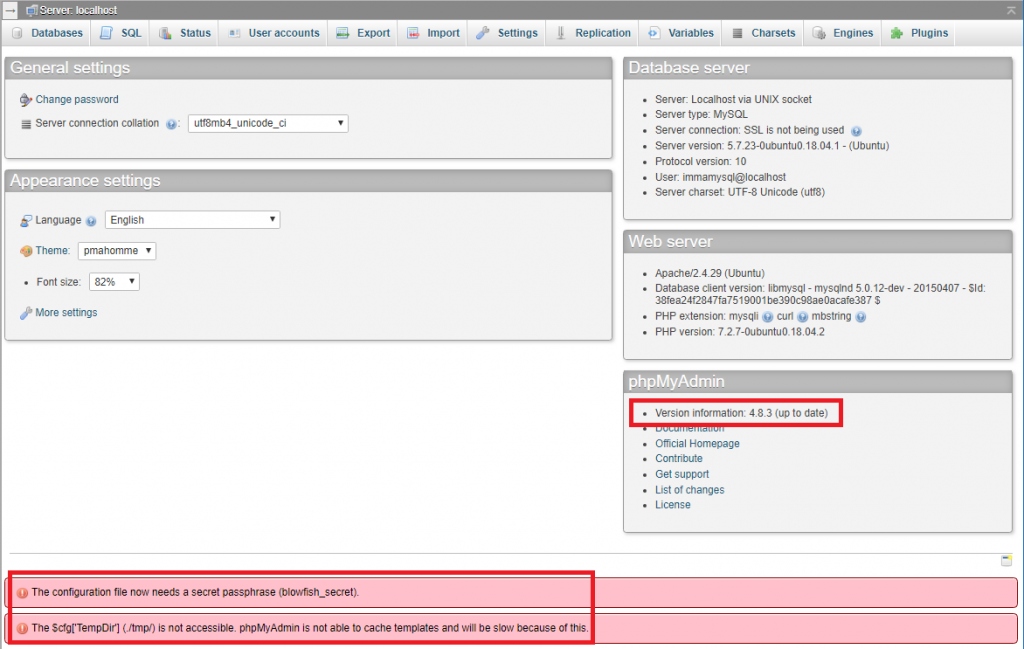 phpMyadmin blowfish secret error and tempdir not writable error
