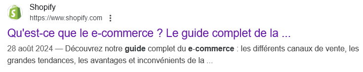 Résultats de recherche Google pour « qu'est-ce que l'e-commerce », avec balise title et description meta